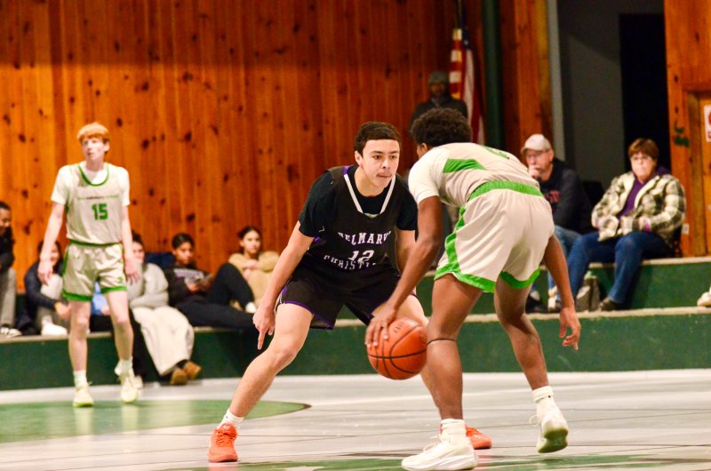 Delmarva Christian freshman Aarian Tucker locks in on defense.
