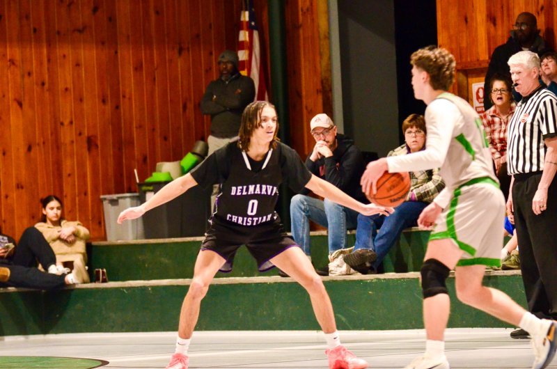 Delmarva Christian senior Seth Mifflin, locked in on defense in this photo, was one of eight Royals to record a steal in their 60-37 triumph over Salisbury School Jan. 21. AARON R. MUSHRUSH PHOTOS