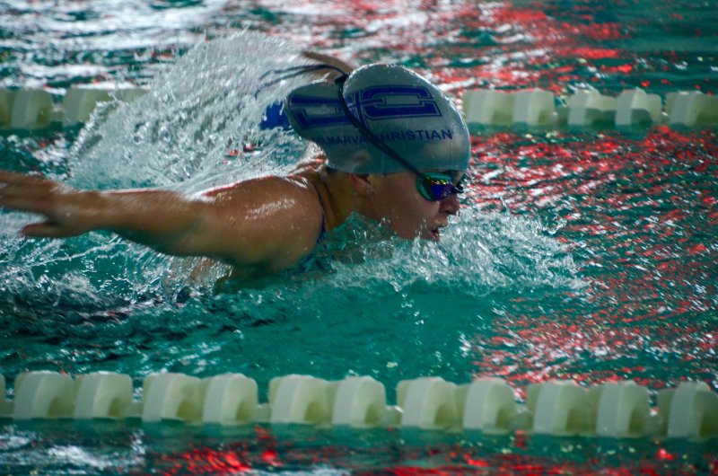 Delmarva Christian senior Libby Dawson cuts through the water.