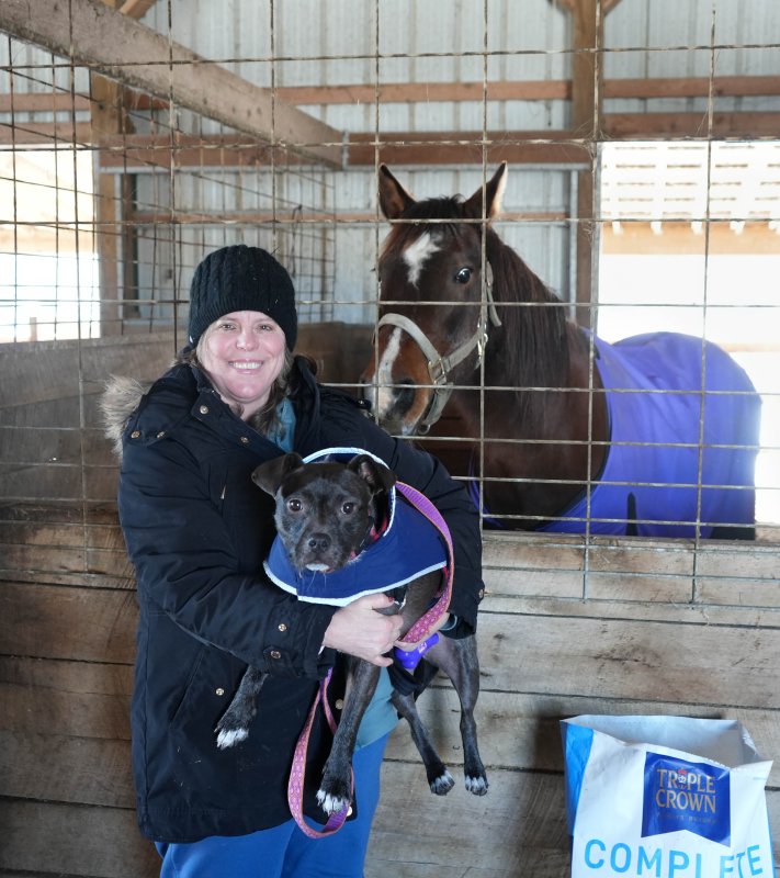 Sarah Hayes holds Gracie Lou, a certified service and medical alert dog, in the barn at Jesse’s Place in Milford. Hayes says Gracie Lou seems to think she was a horse in another life. In the back is rescue horse Lucy.