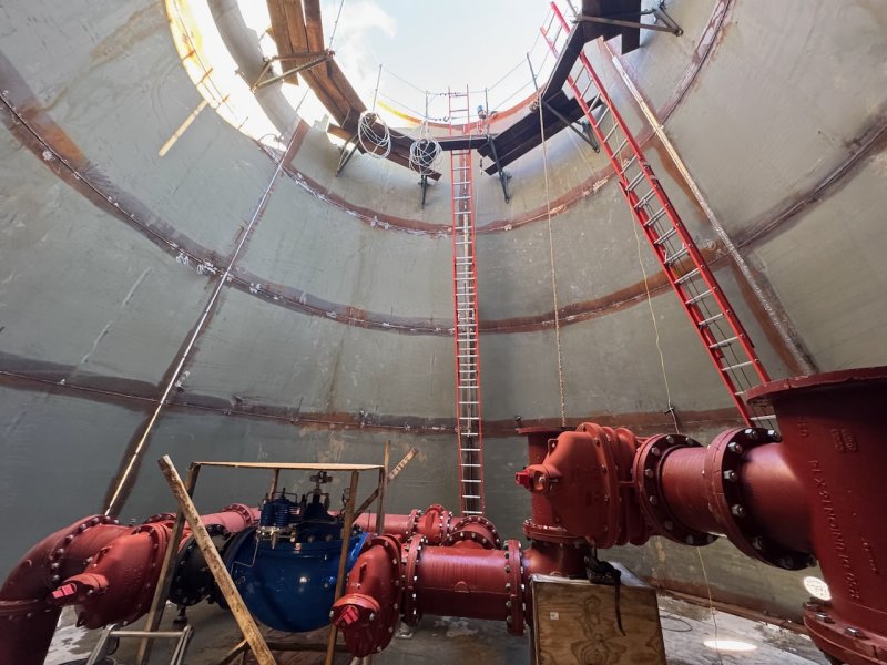 A view inside the base of the new Lewes water tower. The tower will be topped with a 1-million-gallon storage tank, quadrupling the city’s capacity. The tower will have a Cape Henlopen High School logo on one side and a Lewes BPW and City of Lewes crest on the other.