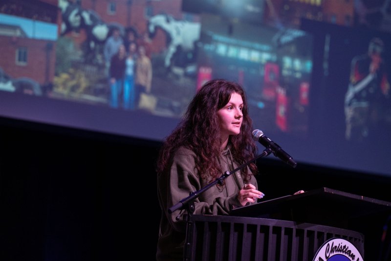 Addressing the J-Term showcase audience, Delmarva Christian High School senior Chloe Wilkerson speaks about her trip to the Passion Conference. SUBMITTED PHOTOS