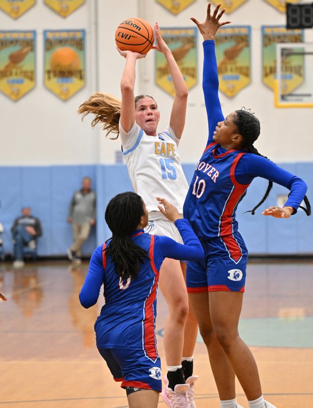 Cape senior Amalia Fruchtman takes a shot over the Dover defense.