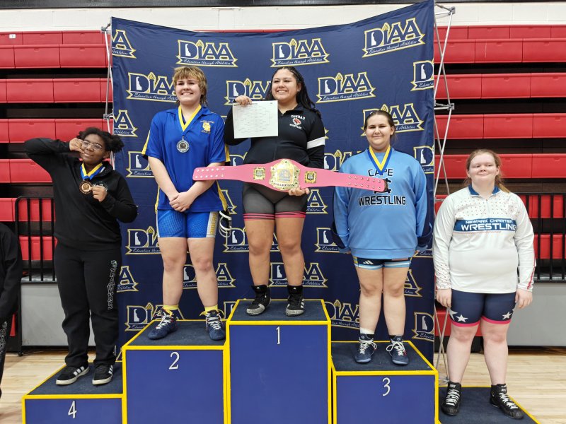 Shown on the 235-pound podium are (l-r) Jaylyn Johnson (St. Georges), Aubrianna Pedigo (Caesar Rodney), Vanessa Rodriguez-Reyes (Conrad), Helaina Arnold-Decyk (Cape) and Hailey Hallett (Newark Charter). SOURCE: FRANK PAYTON