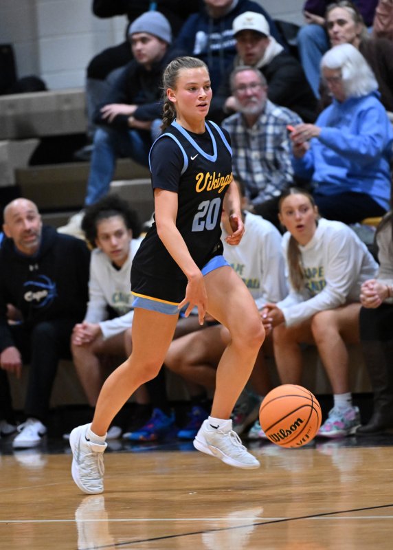 Junior Ally Diehl speeds the ball up the sideline for the Vikings.