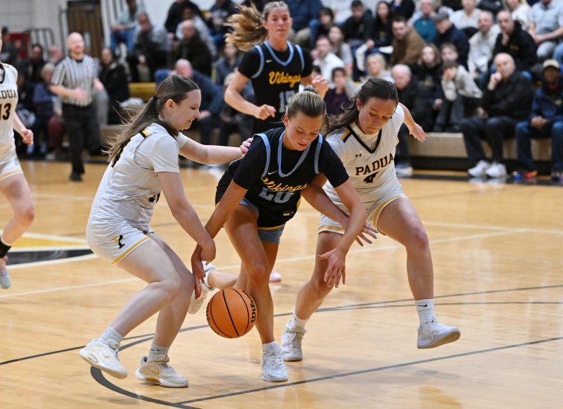 Junior Ally Diehl gets fouled going to the basket.
