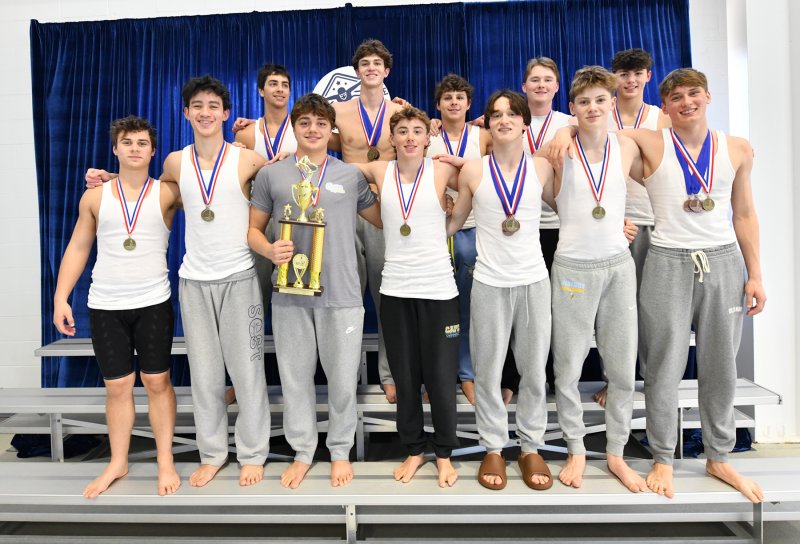 The Cape boys won the Henlopen Conference Championship meet Feb. 7. Shown in back are (l-r) Nolan Moore, Brady Schell, Elijah Oliver, Cole Huxtable and Liam Passo. In front are Ryan Morgan, Brooks Leonhartt, Jaxen Edwards, Hugh Jack, Jack Bain, Brandt Kuklish and Weston Bohl. Missing from the photo is Kyle Green. DAN COOK PHOTOS