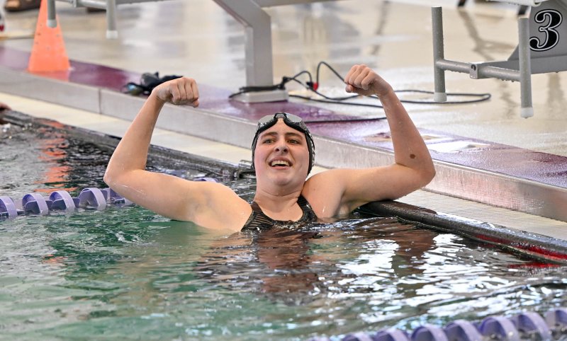 Cape junior Hayden Hazzard is pumped after her second-place performance in the 500 free with a time of 5:35.23.