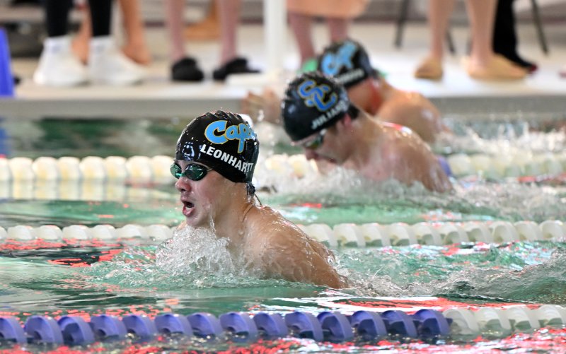 Cape senior Brooks Leonhartt swims to fourth in the 100 breaststroke with a time of 1:07.60.