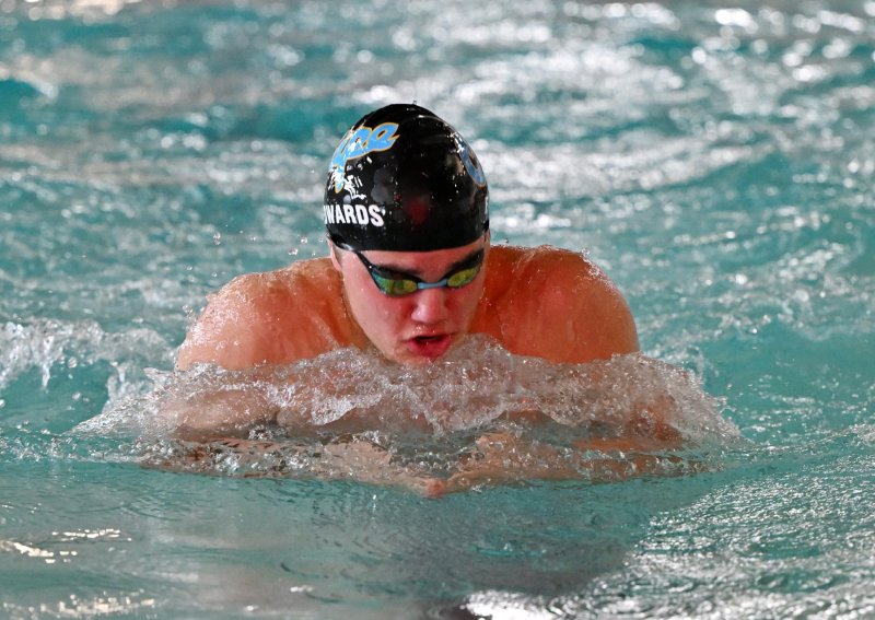Cape sophomore Jaxen Edwards wins the 100 breaststroke with a time of 1:04.44.