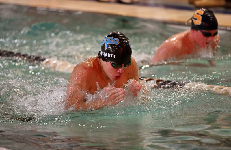 Cape senior Brooks Leonhartt pulls away from his Sallies competition in the 100 breaststroke.