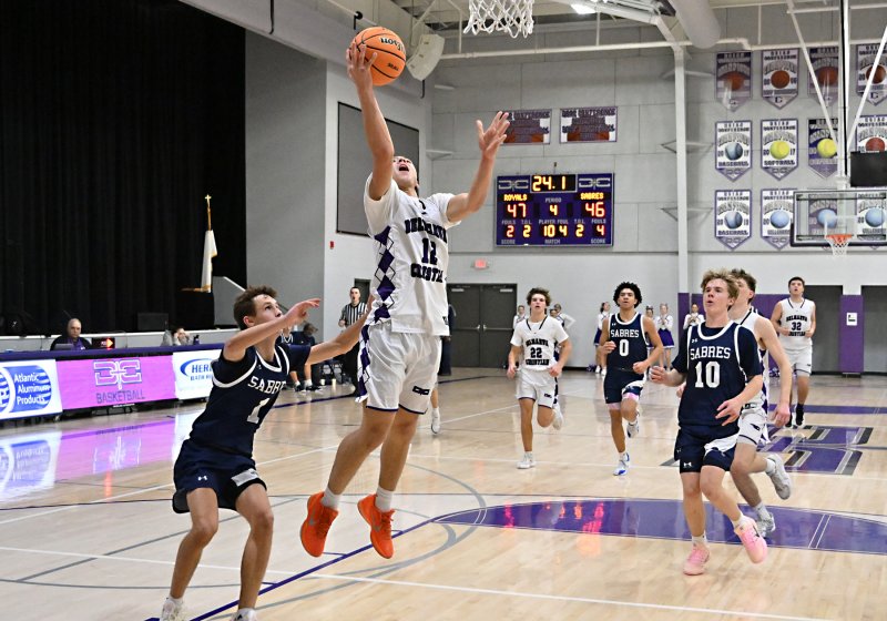 Freshman point guard Aarian Tucker makes a steal and finishes off a fast break with 22 seconds left on the clock.