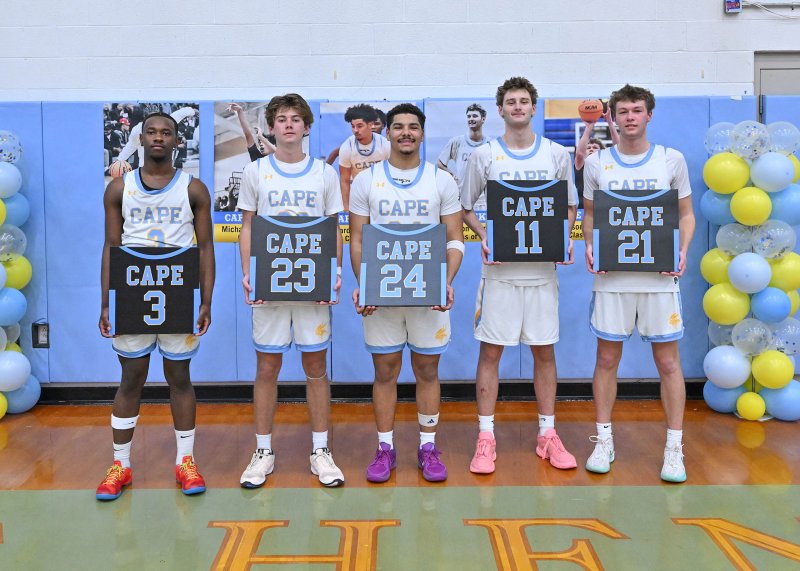 The Cape Class of 2026 is honored at halftime of the win over Polytech. Shown are (l-r) David Barnes, Mikey Thompson, Dell Richards, Braxton Figgs and Lawson Whaley. DAN COOK PHOTO