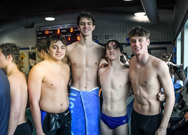 The medley relay team kicked off the meet with a big win over the Sallies quartet. Shown are (l-r) Jaxen Edwards, Brady Schell, Jack Bain and Weston Bohl. DAN COOK PHOTOS