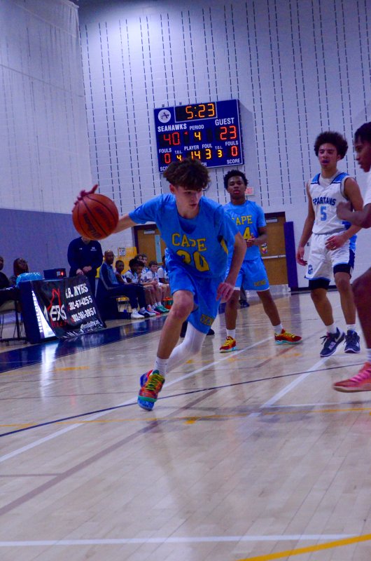 Vikings eighth-grader Nigel Ament drives into the arc.