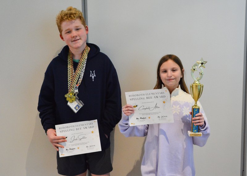 Rehoboth Elementary School Spelling Bee top scorers shown are Jack Spittler, left, runner-up; and Campbell Allen, 2026 champion. SUBMITTED PHOTOS