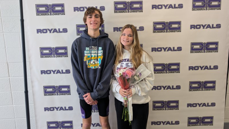Delmarva Christian honored Cole Parker and Libby Dawson Jan. 31 before the Royals took the pool against Nandua in their final home meet of the season. AARON R. MUSHRUSH PHOTOS