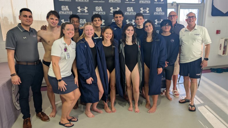 Sussex Academy celebrated the 10 seniors on its swimming teams before the Feb. 2 tri-meet against Dover and Polytech. Shown in back are (l-r) Nico Collins, Kieran Probert, Sebastian Scruggs, Angel Figueroa, Christian Wright, Doug Klientop, Kenner Carbajal-Cifuentes and Tom Martiner. In front are Stephanie Hartsoe, Emily Obertubbesing, Victoria Evans, Sarah Lester-Stranick, Kimia Langroudi and Guy Gosselin. AARON R. MUSHRUSH PHOTOS