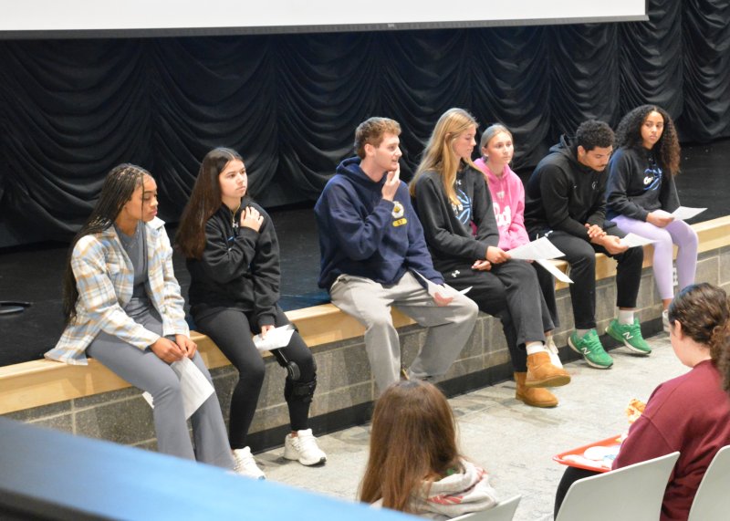 Cape High Morgan’s Message team members visiting Fred Thomas Middle School are (l-r) Anejah Johnson-Grace, Jerny Haines, Braxton Figgs, Amalia Fruchtman, Mallory Terhune, Quardell Richards and Naisae Ngido. SUBMITTED PHOTOS