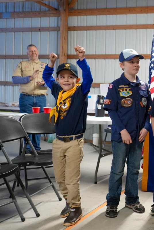 Pierce Kenton, left, a Lion Scout, celebrates placing in the derby. Next to him is James Huebler, a Bear Scout.
