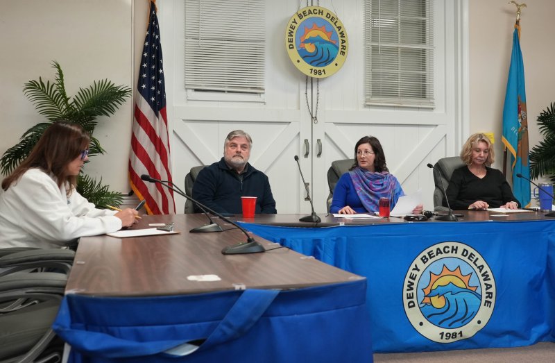 The Dewey Beach Resiliency and Sustainability Committee discusses a draft town resilience plan during a meeting on March 4, at the town lifesaving station on Dagsworthy Avenue. Shown are (l-r) Kelly Baxter, Dave Davis, Debra Phillips-Goldenberg and Sally Silver. ELLEN MCINTYRE PHOTO