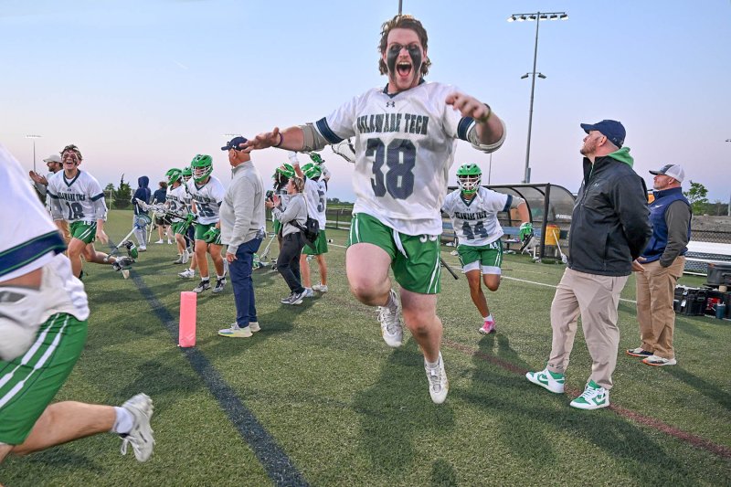 Delaware Tech sophomore Patrick Young jumps for joy as the clock runs down to the Region 19 Championship.