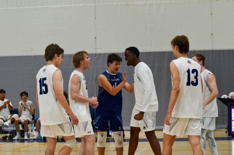The Sussex Academy boys’ volleyball team came back from a 2-0 deficit to win 3-2 and sweep the season series with Saint Mark’s April 29. AARON R. MUSHRUSH PHOTOS