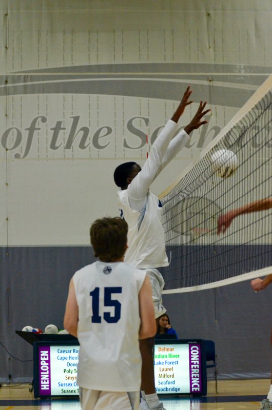 Sussex Academy junior Jovan Jean-Louis earns a block.