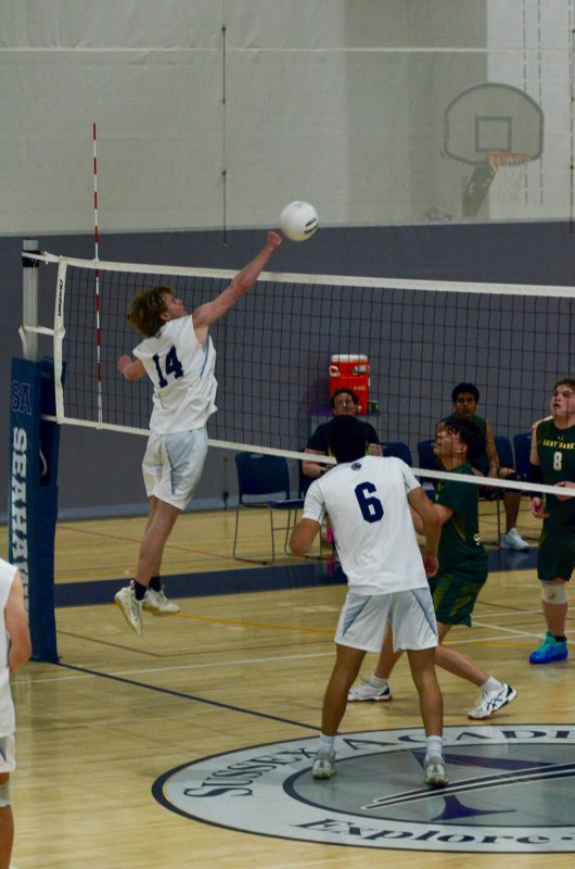 Sussex Academy junior Desmond Davis punches this one through.