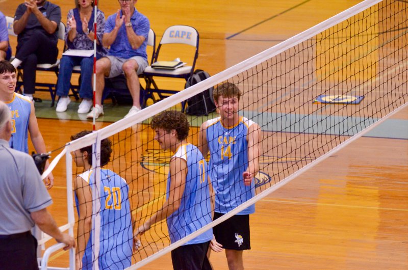 Cape senior Lawson Whaley, right, cracks a smile after the Vikings’ 3-0 victory over Sussex Academy April 23. AARON R. MUSHRUSH PHOTOS