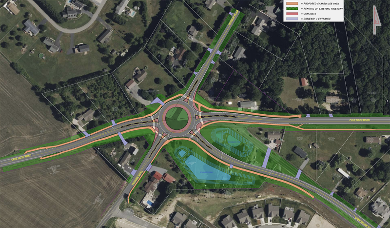 The plan for the roundabout at Cave Neck Road, Hudson Road and Sweetebriar Road. SOURCE: DELDOT