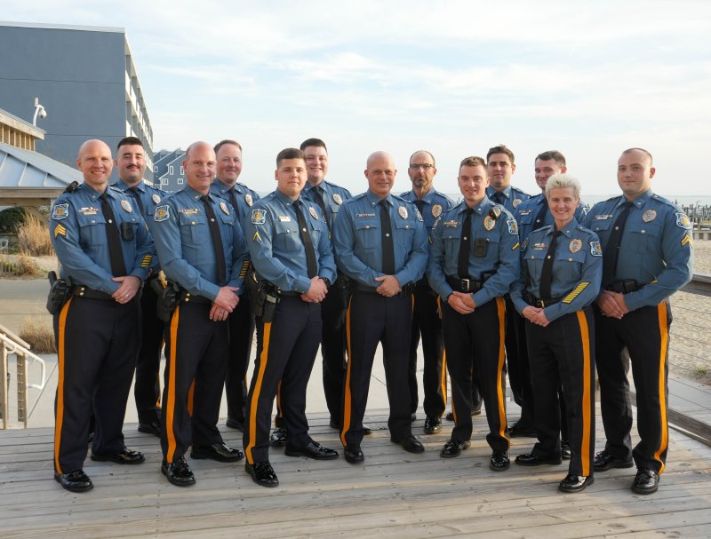 The Dewey Beach Police Department gathers for a dinner at the Hyatt Place Dewey Beach April 1. Shown in back are (l-r) Pfc. Adam Ur, Staff Cpl. Jesse Swanson, Cpl. James Rieley, Master Cpl. Carl Kurten, Staff Cpl. John Kane and Sgt. Gavin Vaughn. In front are Sgt. Colin Schmidt, Lt. Cliff Dempsey, Pfc. Colby Buchert, Staff Cpl. Matthew Planer, Pfc. Dylan Dowling, Chief Constance Speake and Staff Cpl. Dylan Ebke. ELLEN MCINTYRE PHOTOS