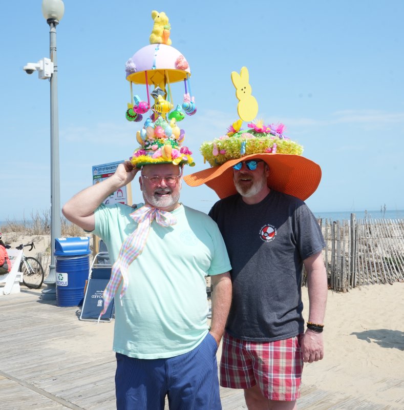 Ken Smith, left, and John Hurley show off their homemade Easter bonnets.