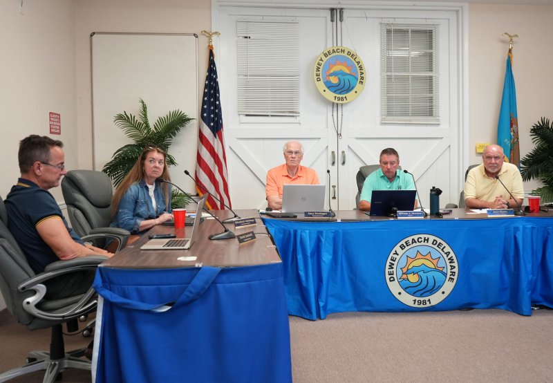 Dewey Beach Town Council holds a public hearing regarding an ordinance relating to the location of swimming pools and fences April 17 at the town lifesaving station. Shown are (l-r) Commissioner David Jasinski, Commissioner Elisabeth Gibbings, Commissioner Gary Persinger, Mayor Bill Stevens and Commissioner Paul Bauer. ELLEN MCINTYRE PHOTO