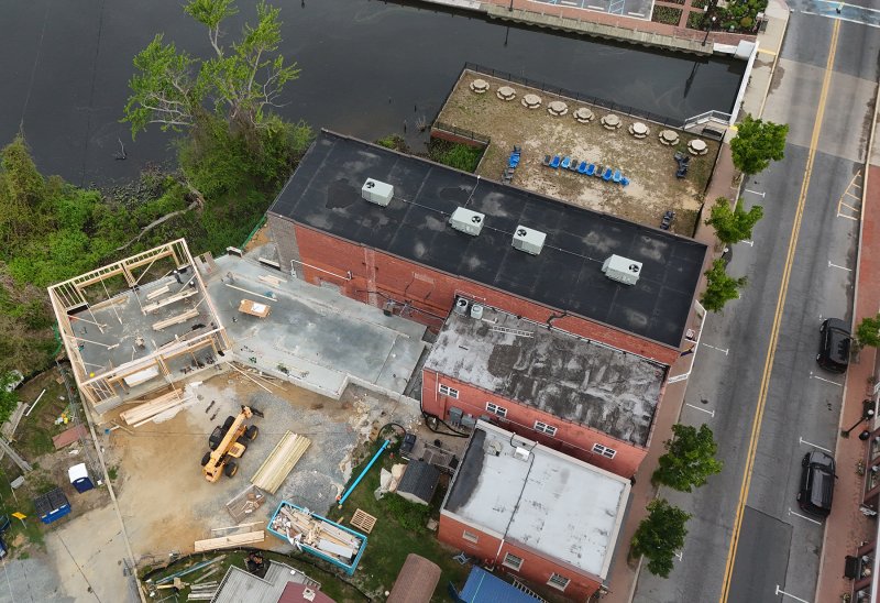 A direct overhead shot of construction at the Milton Theatre’s new education wing currently under construction.