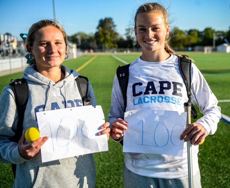 Haley Gamuciello and Ally Diehl show their 100-goal awards.